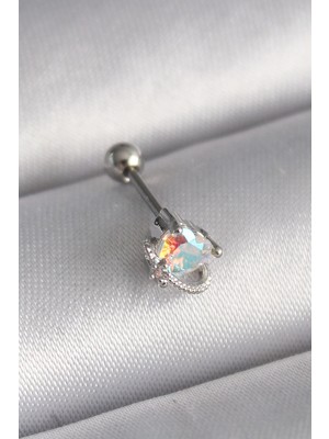 TeknoKapsül 316L Çelik Gümüş Renk Zirkon Taşlı Kalp Tragus Piercing