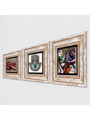 Picasso Ayna Karşısındaki Kız, Nar, Fatma Ana Eli (Hamsa) Taş Duvar Tablosu - Çerçeveli Taş