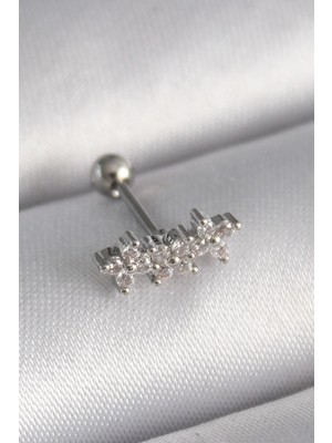 TeknoKapsül 316L Çelik Gümüş Renk Zirkon Taşlı Yonca Tragus Piercing