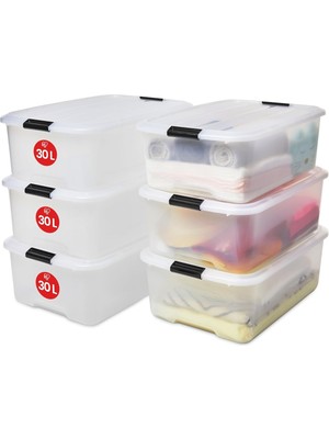 Iris Ohyama Kapaklı Plastik Saklama Kutuları, 30L, 6'li Set, Şeffaf