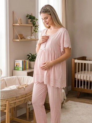 Lohussa Yeni Sezon Pudra Fisto Keten Detaylı Tasarım Kolay Emzirme Özellikli Kısa Kollu Hamile Lohusa Pijama Takımı
