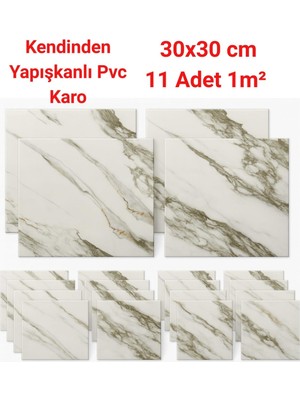 Ukab Dekor 30X30 cm 11 Parça (1 M²) Pvc Karo Kendinden Yapışkanlı Beyaz Seramik Görünüm Deko