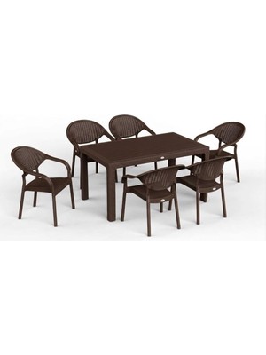 90 x 150 Bambu Plastik Rattan Camsız Bahçe Balkon Teras Masa Sandalye Takımı 6 Kolçaklı Sandal