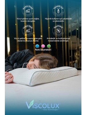 Bombeli Lüx Boyun Destekli Ortopedik Yastık; Anti-Aging Visco Yastık Mavi 57X42X13/11, Mavi