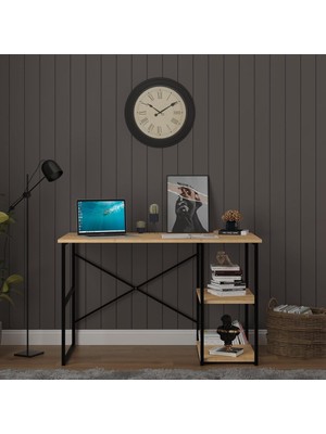 Asra Trend Safir Meşe Desen METALÇM01 Raflı Metal Çalışma Masası 120X60 cm 2 Katlı Yan Rafl�