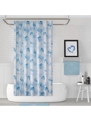 Tropik Home Banyo Perdesi Yunus Desen Yerli Üretim Duş Perdesi Plastik C-Halka Hediye 180X200CM Ba
