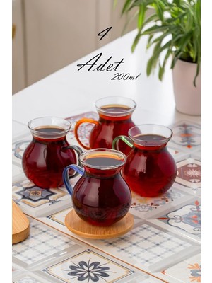 LM-0035 Ehli Keyf 4 Parça 4 Kişilik Çay Seti – 200 ml Borosilikat Cam Kulplu Tombik Bardak Tak�