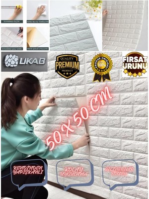Ukab Dekor Kendinden Yapışkanlı Tuğla Desenli Beyaz Duvar Paneli Pratik Dekoratif Mutfak 50X50CM