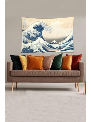 Pelangi Bej-Mavi Katsushika Hokusai Serisi Leke Tutmaz Kadife Kumaş Duvar Örtüsü Duvar Halısı