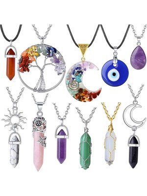 11 Adet Kristal Kolye Ametist Gül Kuvars Akik Obsidiyen Aventurin Çakra Taş Takı Nazar Göz Vint