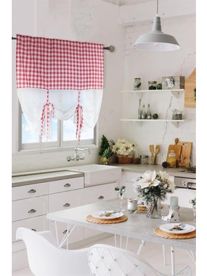 Cotton Maison Naturel Potlu Ekose Tül Perde Retro, 120 x 200, 4463, Kırmızı