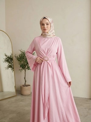 Miostil Önü Bağlamalı Aksesuar Detay Elbise-Pembe