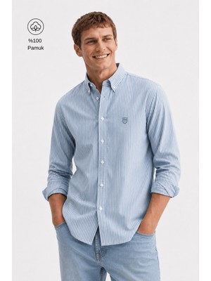 Ucla Hugh Mavi Nakışlı %100 Pamuk Çizgili Standard Fit Erkek Gömlek