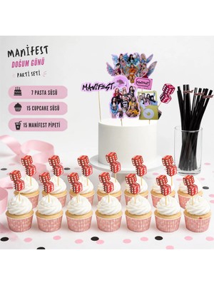 Cutelier Manifest Temalı Doğum Günü Parti Seti 37 Parça | 7 Pasta Süsü + 15 Cupcake Süsü + 15 Dekoratif Pipet