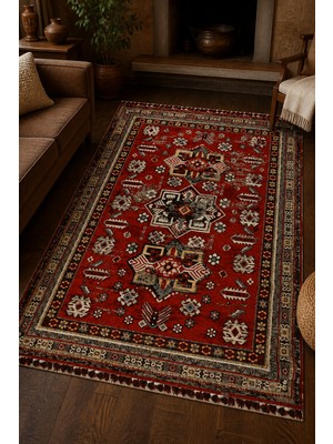Ruyan Narhan Nostaljik Kırmızı Saçaklı Kilim Dokulu Robot Süpürgeye Uyumlu Oturma Odası Salon Halısı