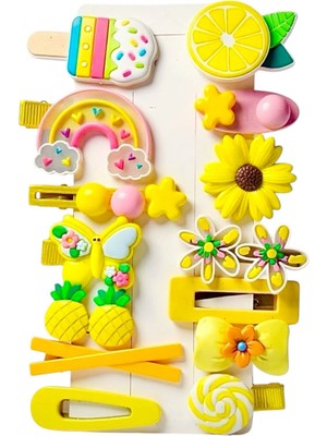 Sheker Home 14’lü Kız Çocuk ve Bebek Sarı Yaz Temalı Pens Toka Seti | Papatya, Ananas, Gökkuşağı, Kelebek, Dondurma ve Limon Figürlü Saç Tokası