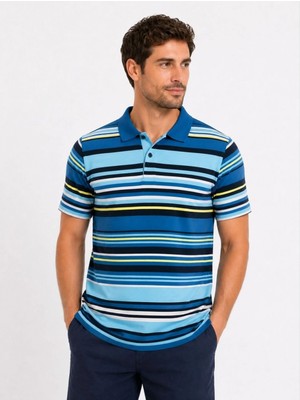 Hace Bazaar Erkek Çizgili Polo Yaka Tişört Kısa Kol Yazlık T-Shirt Regular Fit - Mavi
