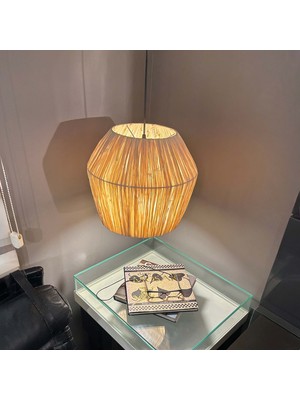 Noldecoration Konik 34CM x 26CM Daire Elyapımı Naturel Rafya Modern Dekoratif Sarkıt Avize