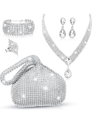 5 Adet Gümüş Debriyaj Çantalar Kadınlar Için Akşam Taklidi Takı Seti Bling Debriyaj Çanta �