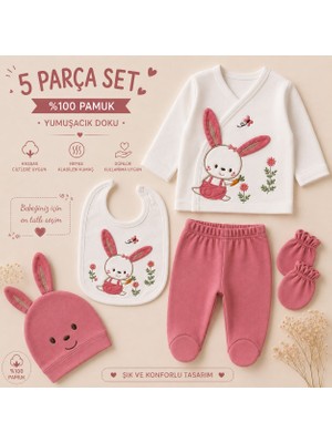 WinterSun Baby 5 Parça Hastane Çıkışı Seti %100 Pamuk Tavşan Desenli Kız Bebek Takımı