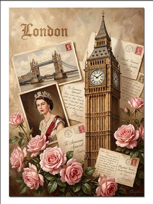 Karizma Tablo Londra Big Ben ve Güller Kolaj Dekoratif Kanvas - Mdf Ahşap Tablo