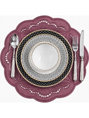 Evien Home Nakışlı Deri Amerikan Servis 2'li Set Çift Taraflı Yuvarlak Supla 43X43 cm Enzo Bordo