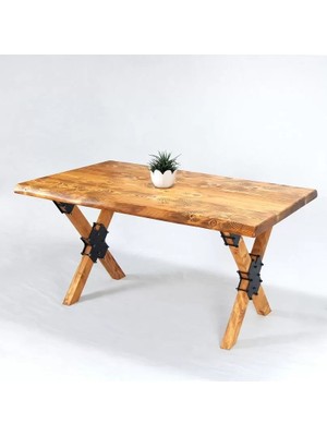 Kumsal Concept Masif Ahşap Masa 60X120 cm - Demir Bağlantılı Çapraz Ağaç Ayaklı Doğal Çam Yemek Masası