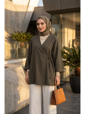 Uslular Haki Kruvaze Yaka Yandan Bağlamalı Kimono Tunik