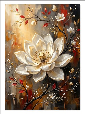 Karizma Tablo Beyaz Lotus ve Turuncu Çiçekler Dekoratif Kanvas - Mdf Ahşap Tablo