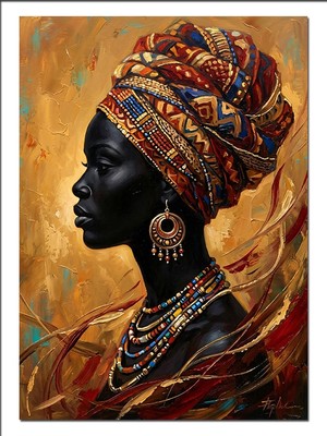 Karizma Tablo Renkli Başlıklı Afrikalı Kadın Portresi Dekoratif Kanvas - Mdf Ahşap Tablo