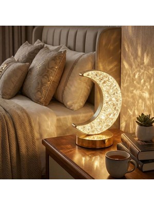 İlk El Grup Hilal Ay Model Kristal LED Masa Lambası – Dokunmatik, 3 Renk Işık Modlu, Şarjlı Mini Dekorati
