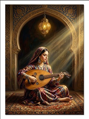 Karizma Tablo Bağlama Çalan Kadın Cami Kapısı Dekoratif Kanvas - Mdf Ahşap Tablo