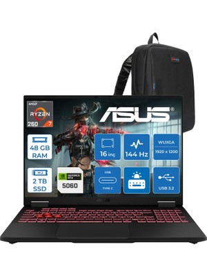 Asus Tuf Gaming A16 FA608UMI Amd Ryzen™ 7 260 Aı 48GB Ddr5 2tb SSD 8GB/RTX5060 115W 16-Inch Fhd+ 1920 x 1200, 144Hz 3ms IPS-SRGB:100% Freedos Gaming Laptop WTU166F21+ZETTAÇANTA