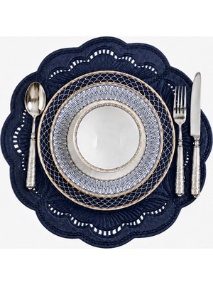 Evien Home Nakışlı Deri Amerikan Servis 2'li Set Çift Taraflı Yuvarlak Supla 43X43 cm Enzo Lacivert