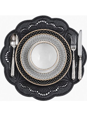Evien Home Nakışlı Deri Amerikan Servis 2'li Set Çift Taraflı Yuvarlak Supla 43X43 cm Enzo Siyah