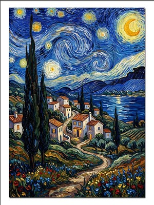Karizma Tablo Yıldızlı Gece Köy Manzarası Van Gogh Dekoratif Kanvas - Mdf Ahşap Tablo
