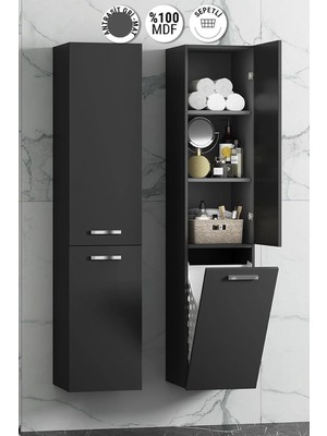 Özceden Yeni Boy 35*167 cm Antrasit Gri Mat Mdf Sepetli Asma Banyo Boy Dolabı