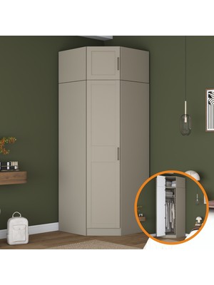 Rani Mobilya Rani BA323 Membran Kapaklı Köşe Modül Gardırop Tek Kapaklı 7 Raflı Askılı Elbise Dolabı Kumtaşı
