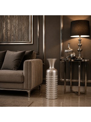 Vien Home Dekoratif Puantiye Desenli Seramik Görünümlü Metal Yer Vazosu Gümüş 66 cm