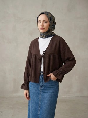 Foremia Önü Bağlamalı Kısa Kimono-Kahve -
