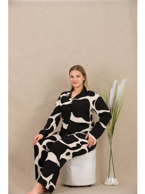 Hace Bazaar Marsilyan- Büyük Beden Siyah Beyaz Desenli Düğmeli Uzun Kol Viskon Pijama Takımı