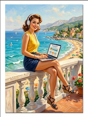 Karizma Tablo Sahilde Laptop Ile Çalışan Sarışın Dekoratif Kanvas - Mdf Ahşap Tablo