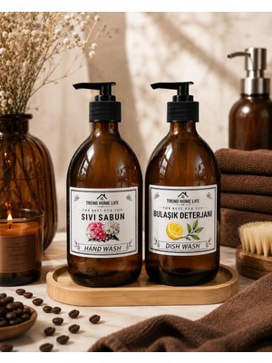 Trend Home Life Bambu Ahşap Stantlı 2 Li Amber Cam Sabunluk & Bulaşık Deterjanı Şişesi 300 ml