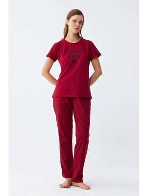 Hace Bazaar Marsilyan- Kadın Bordo Kalp Desenli Kısa Kollu Penye Pijama Takımı