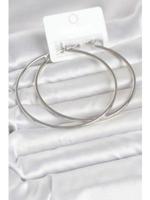 Hace Bazaar Gümüş Renk Pirinç Köşeli Kenar Halka 72 mm Kadın Küpe - TJ-BKP11770