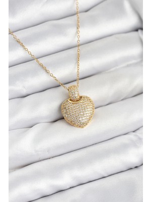 Eco Lounge 316L Çelik Zincir Gold Renk Zirkon Taşlı Kalpli Kadın Kolye