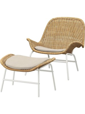 Rattan Berjer Koltuk, Puf Seti, Doğal Rattan, Beyaz Metal Çerçeve