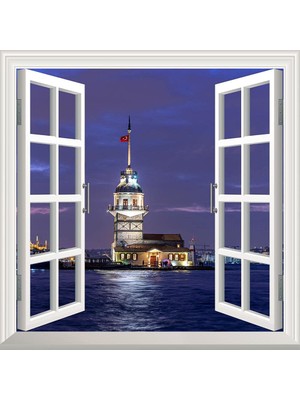 1001 Pencere Poster Duvar Kağıdı Kız Kulesi Gece Yapışkanlı Sticker