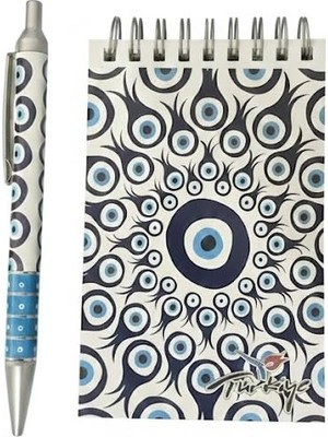 1001 Nazar Boncuk Desenli Mini Spiral Not Defteri ve Tükenmez Kalem Seti – Küçük Boy Taşınabilir