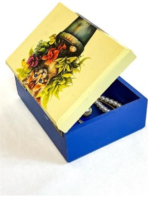 Hülya 6683 2378 El Yapımı Nostaljik Retro Kedi Baskılı Kare Ahşap Dekoratif Saklama/takı Kutu